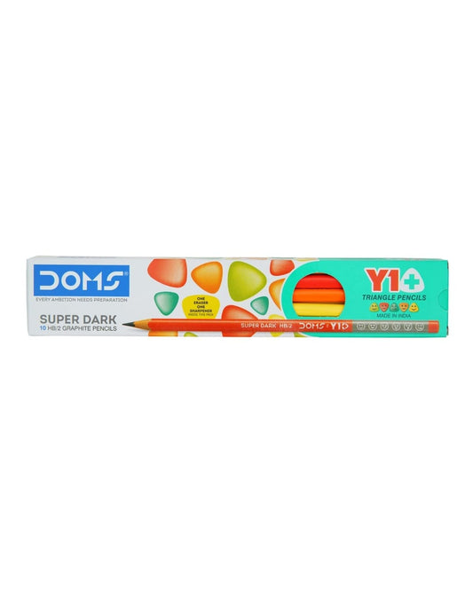 Doms Y1+ Graphite Pencils | HB/2 Super Dark | Triangular Shape | 10 Pencils, 1 Sharpener, 1 Eraser - versoz.com